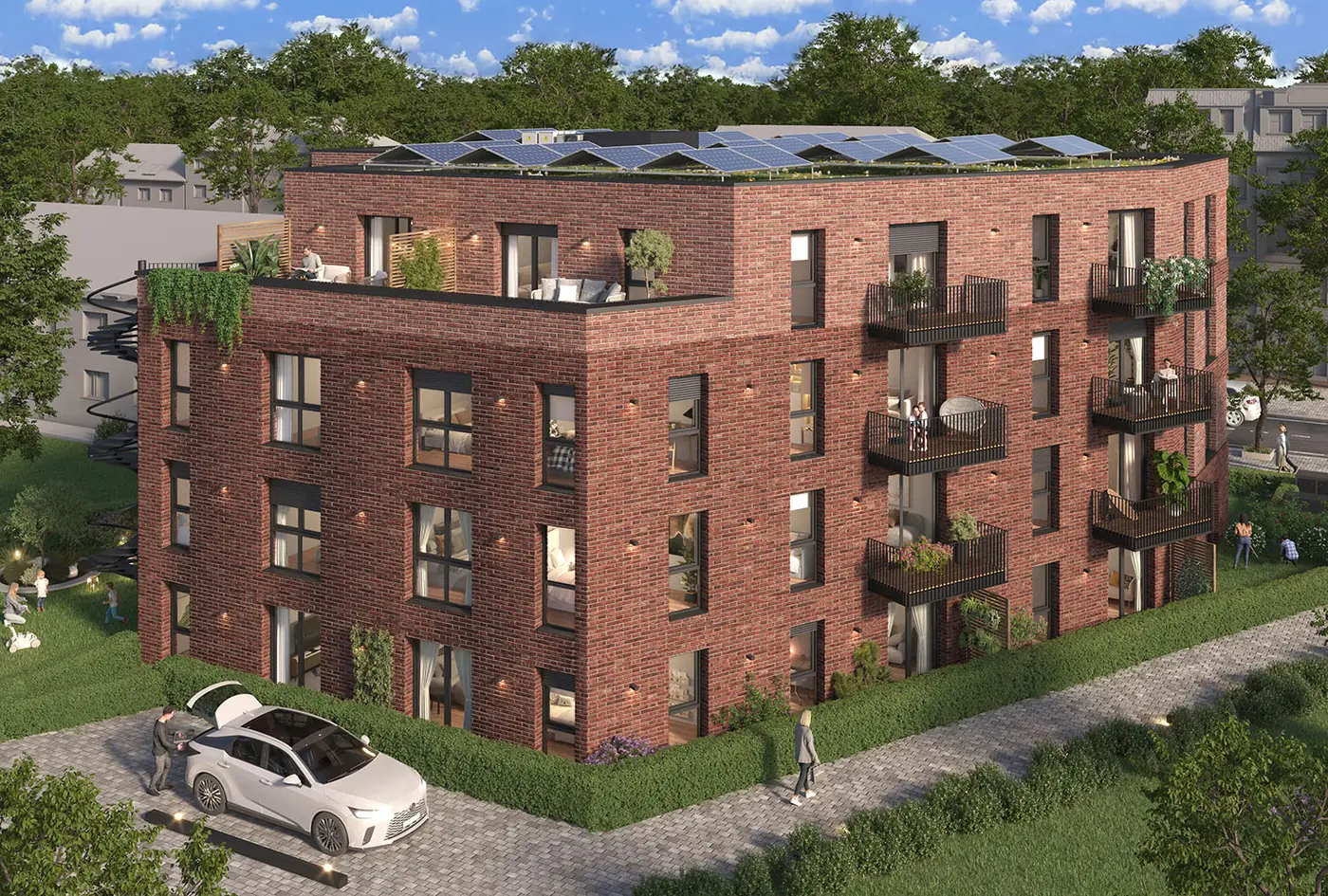 Waldbek, Ansicht mit Penthouse-Etage und Dachterrasse