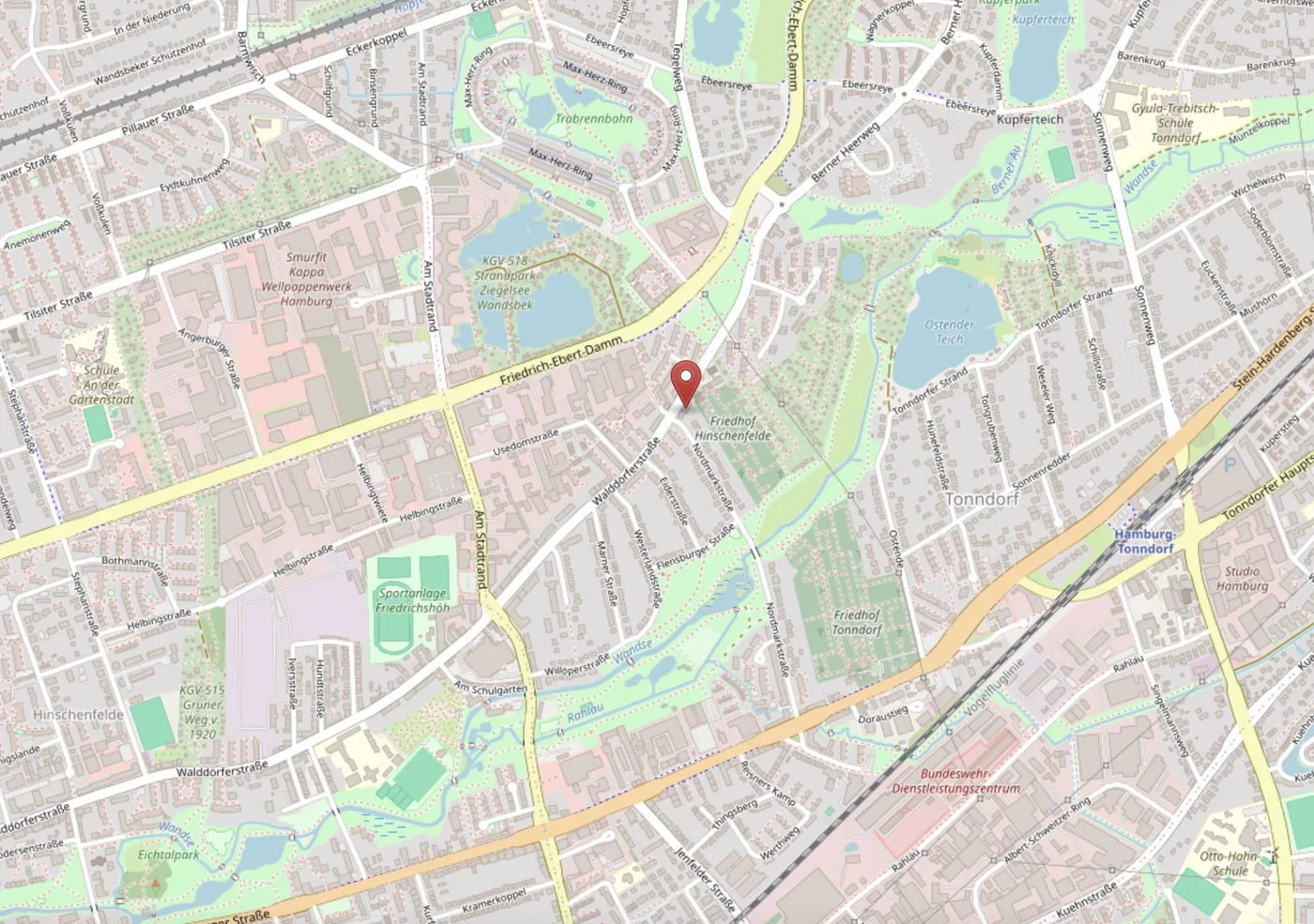 Karte: Waldbek an der Walddörferstraße in Hamburg-Tonndorf, mit Friedhof Hinschenfelde, Ostender Teich, Wandse und Bahnhof Tonndorf